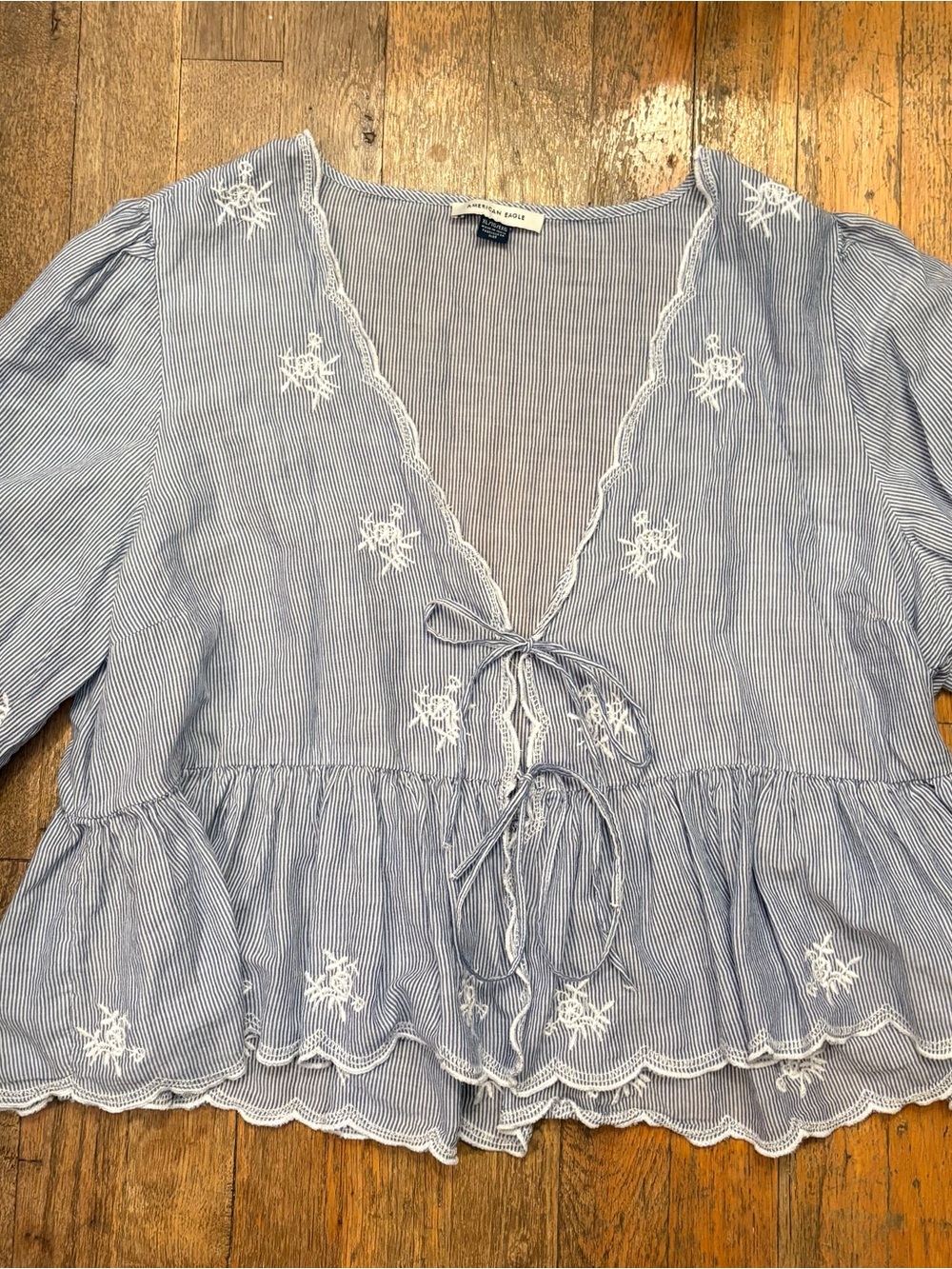 Women's Blue Striped Embroidered Peplum Tie-Front Top, xl, nwot